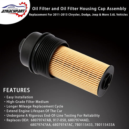 Oil Filter and Oil Filter Cap ?Replacement For 2011-2013 Chrysler 200, 300, Town & Country, Dodge Avenger, Challenger, Charger, Durango, Journey &...
