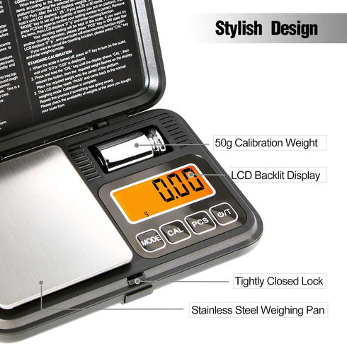 Fuzion Digital Pocket Scale 200g/0.01g, Scale Gram with LCD Display, Tare and PCS, Mini Digital Scale with 50g Calibration Weight for Jewelry, Coi...