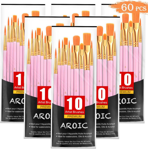 AROIC Acrylic Paint Brushes, 6 Packs/60 pcs Nylon Hair Paint Brush Set for All Purpose Oil Watercolor Painting Artist Professional Kits (Pink)...
