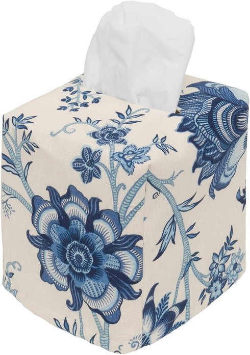 Fabric Tissue Box Cover, Tissue Holder Slipcover, Slips Over Square Cube Cardboard Facial Tissue Boxes -Decorative Cotton Blue Floral Fabric, Made...
