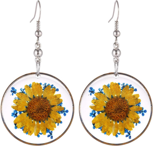 Multi-Colored Pressed Daisy & Queen Anne's Lace Flowers 1.14" Round Circle Drop Dangle Hook Earrings, 7 Colors...