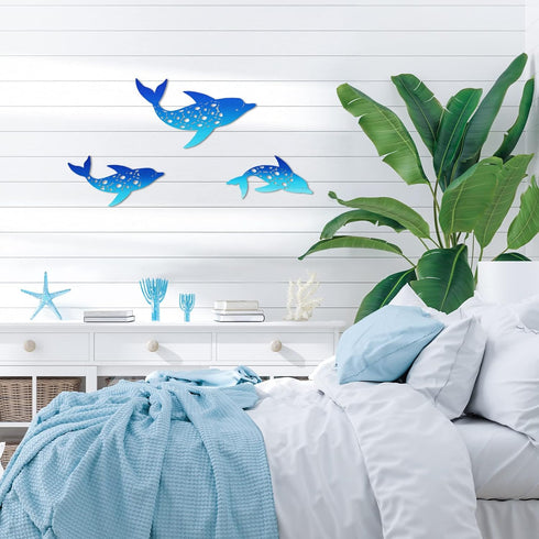 Yaomiao 3 Pieces Metal Dolphin Wall Decor Beach Coastal Hanging Decorations Ocean Nautical Tropical Beach Themed Metal Wall Art for Home Bedroom P...