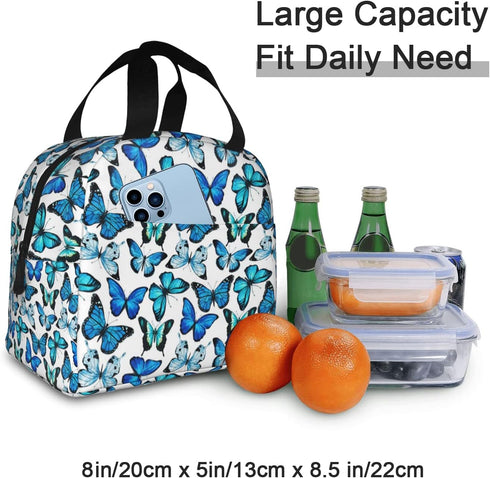 Insulated Lunch Bag Box for Women with Blue Butterfly Print Cooler Thermal Waterproof Reusable Tote Bag with Big Pocket for Work Office Picnic Col...