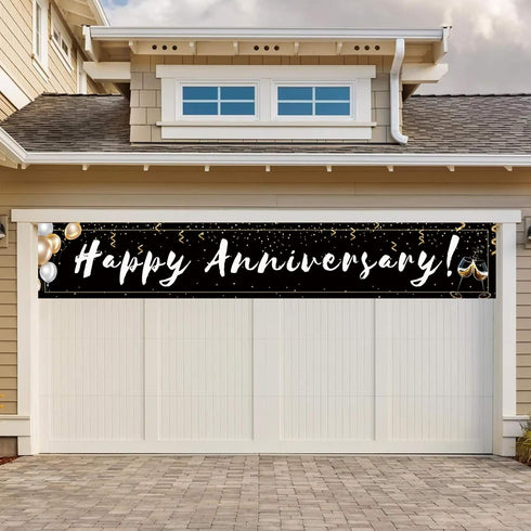 Romantic Happy Anniversary Decorations Banner - Black 118"x20" Bilingual "Feliz Aniversario" Sign, Extra Large Reusable Wedding Party Decor for In...