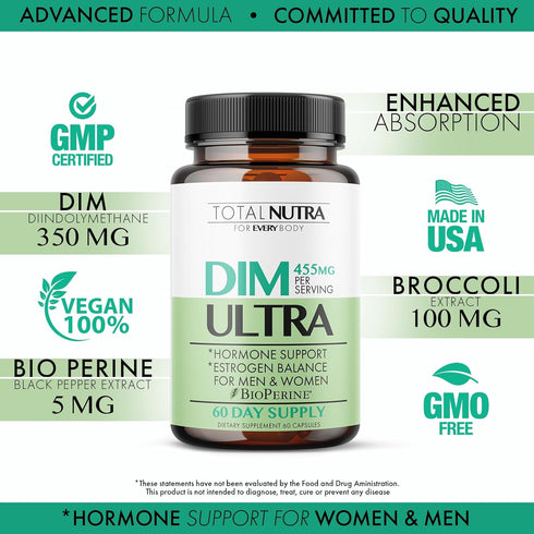 DIM Supplement: DIM Ultra 455mg Diindolylmethane, Broccoli, BioPerine Natural Estrogen Blocker for Men, Female Hormone Balance for Women Menopause...
