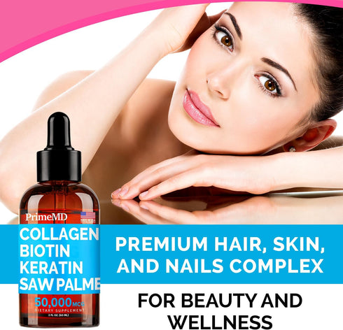 Liquid Collagen Peptides for Women - Complex with Biotin Vitamin, Hydrolyzed Keratin Protein and Saw Palmetto - Comprehensive Formula for Hair, Sk...