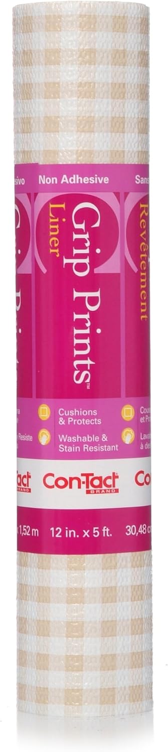 Con-Tact Brand Grip Prints Durable Non-Adhesive Non-Slip Shelf and Drawer Liner, 12'' x 5', Khaki Plaid...