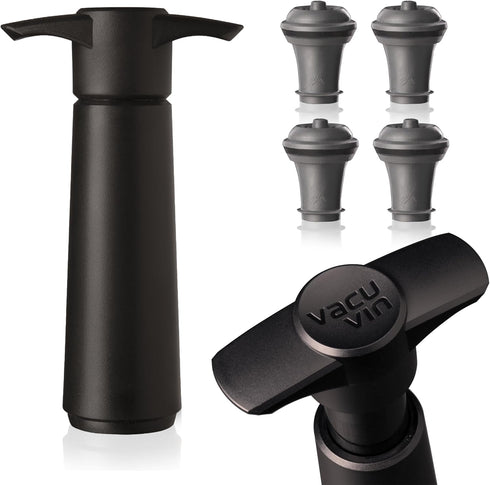 Vacu Vin Original Wine Saver with 4 Vacuum Bottle Stoppers – Black Wine Preserver Pump for Red or White Wine – Manual Air Remover System – Airtigh...