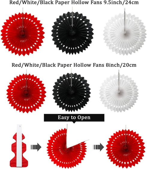 WILLBOND 29 Pcs Red and Black Decorations Mouse Paper Decoration Fan Pom Pom Honeycomb Flower Tissue Tassel Garland Theme Party Supplies for Gradu...