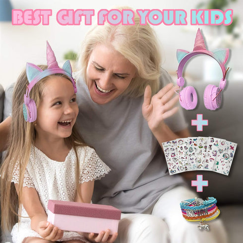 Unicorn Wireless Headphones for Kids,Cat Ear Bluetooth 5.0 Over Ear Headphones with Microphone for Cellphone/iPad/Laptop/PC/TV/PS4/Xbox One, Folda...