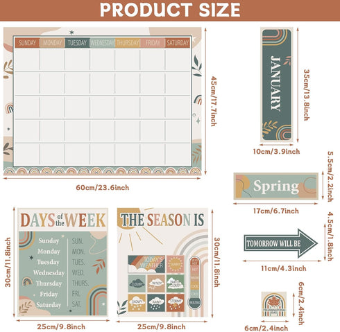 Modern Boho Calendar Bulletin Board Set for Classroom Decoration Rainbow Calendar Seasons Weather Chart Boho CTP Bulletin Board Paper-Cuts for Tea...