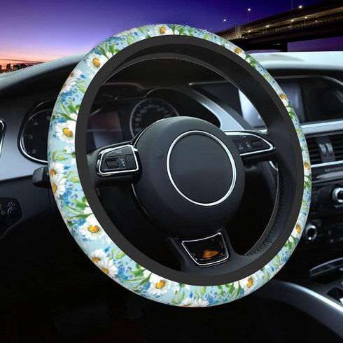 Cute White Daisy Steering Wheel Cover for Women Men Auto Car Wrap Cover Universal Neoprene Anti-Slip Car Wheel Protector Accessories 15 Inch Sweat...
