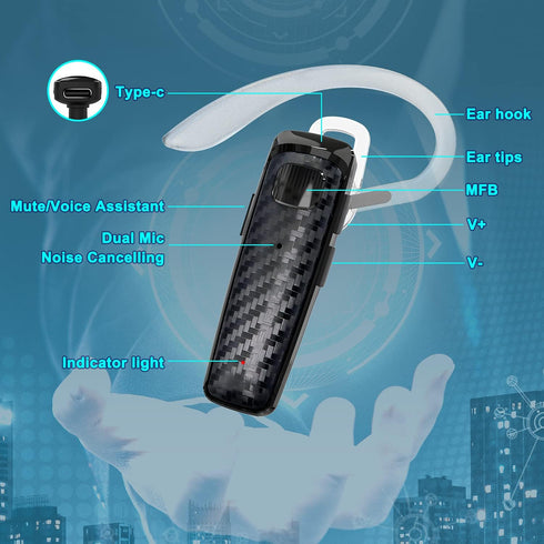 Bluetooth Headset, CVC8.0 Handsfree Bluetooth Earpiece, 16 Hrs Talk Time Noise Cancelling Single Ear Wireless Headset for Office Driving, Compatib...