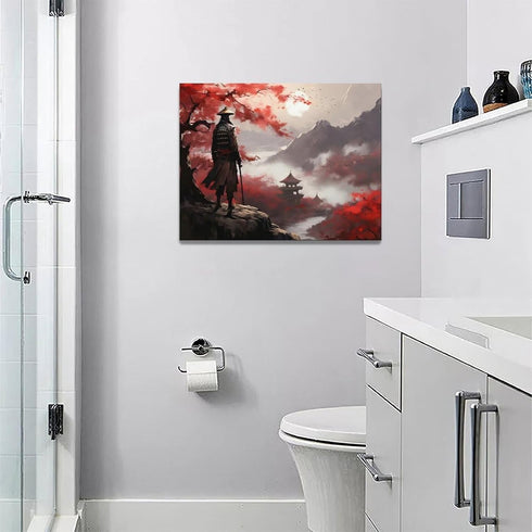 Japanese Bushido Wall Art Red Samurai Pictures Wall Decor Ancient Japan Warrior Canvas Asian Landscape Painting Home Decoration Artwork for Bathro...