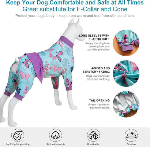 LovinPet Large Dogs Clothing - Post Surgery Comfort Pajamas, Lightweight Stretchy Fabric, Navy Butterfly Wings Print, Large Dog Pajamas, Undershir...