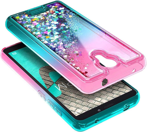 NZND Case for Cricket Icon 2 (2020) U325AC with Tempered Glass Screen Protector (Full Coverage), Glitter Liquid Floating Waterfall Girls Cute Phon...