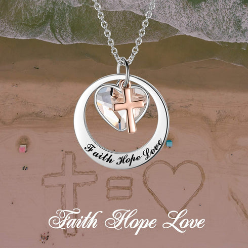 AOBOCO Two-Tone Sterling Silver and Rose Gold or Gold-Faith Hope Love Cross Charm Pendant Necklace with Austrian Crystal...