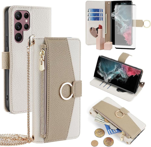 Asuwish Phone Case for Samsung Galaxy S22 Ultra 5G Wallet Cover with Screen Protector and Mirror Flip Cover Ring Credit Card Holder Crossbody Stra...