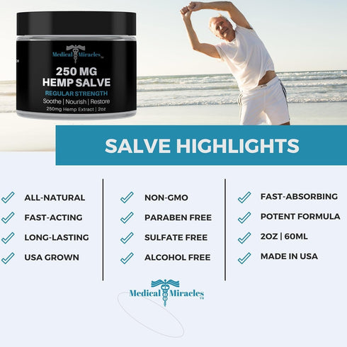 Hemp 250 Mg Regular Strength Healing Salve Cream: Ideal for Hips, Joints, Neck, Back, Elbows, Fingers, Hands, and Knees Made in USA...