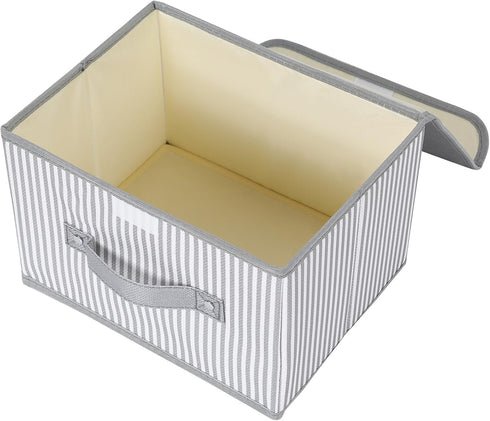 Small Fabric Storage Bin with Lid & Handle Foldable Cotton Linen Storage Basket Rectangular Cube Box Decorative Lidded Home Organizer Clothes Blan...
