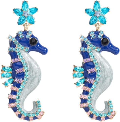 Blue Stars Seahorse Drop Dangle Earrings Cubic Zirconia Beach Ocean Hypoallergenic Cute Fish for Women Holiday Summer Jewelry...