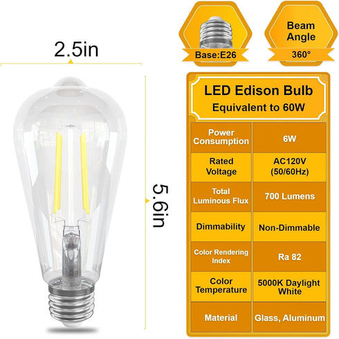 ORALUCE LED Edison Light Bulb 60 Watt Equivalent E26,Vintage Light Bulbs 6W 5000K Daylight White 700 Lumen, ST64 / ST21 Antique LED Filament for C...