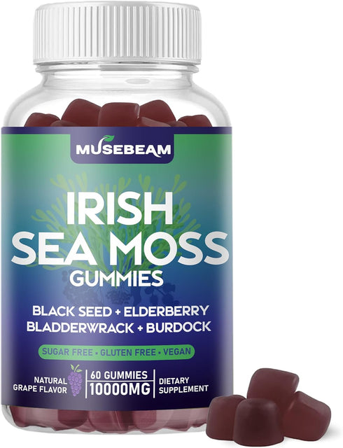 Irish Sea Moss Gummies 10000mg - with Black Seed Elderberry Bladderwrack Burdock Turmeric Omega-3 Vitamins C D3 Zinc - Seamoss Supplements for Adu...
