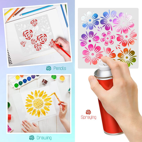 60 Pcs 6x6 Inch Flower Stencils for Painting on Wood Reusable Floral Stencils Bird Wall Stencil Butterfly Leaf Drawing Template DIY Craft Summer S...