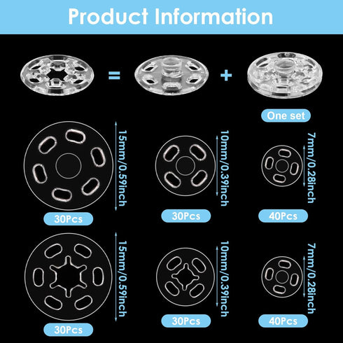 100 Sets Plastic Sew-on Snap Buttons Invisible Snap Fasteners Buttons Round Clear Press Button for Sewing Clothing DIY Craft, 7 mm 10 mm 15 mm...