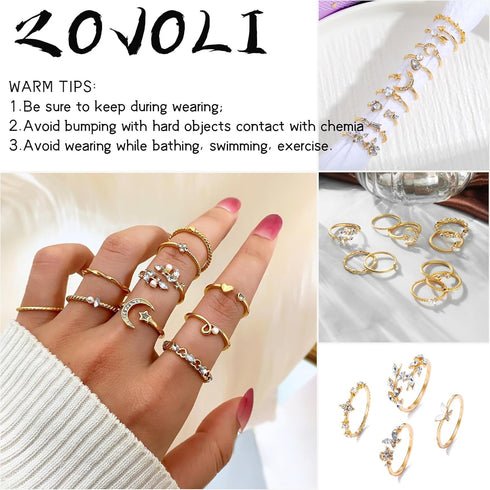 Gold Knuckle Stacking Rings Set for Women, Boho Dainty Sparkle Crystal Rhinestone Moon Star Rings Sets, Vintage Joint Rings Pack Jewelry Gift for ...