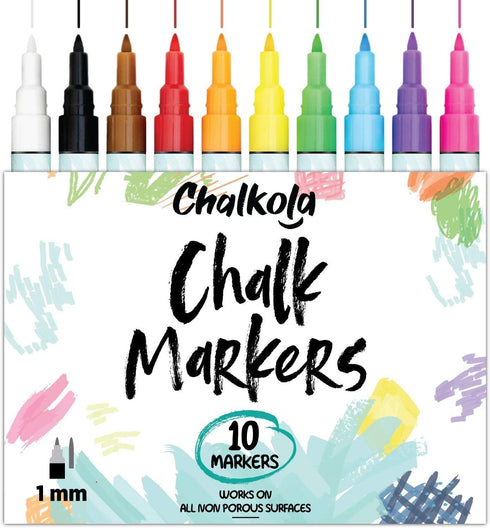 Chalk Markers Fine Tip (10 Pack, 1mm Extra Fine Point) - Neon Liquid Chalk Pens for Blackboards, Chalkboard, Bistro, Car Windows, Dry Erase Boards...