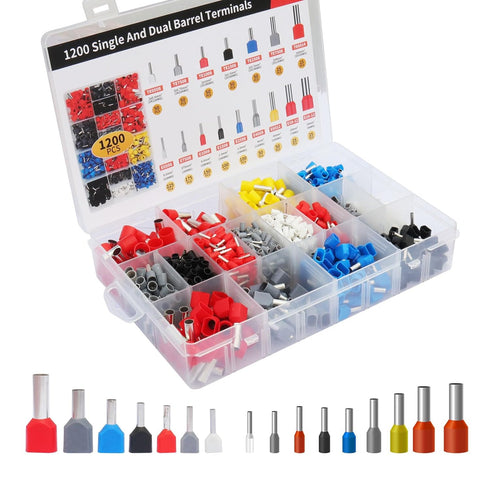 Wire Ferrule Kit,1200pcs Single and Dual Barrel Ferrules Terminal Set, Twin Ferrule Connectors Wire Ends Terminals Pins, AWG10~22 Single-Line Ferr...