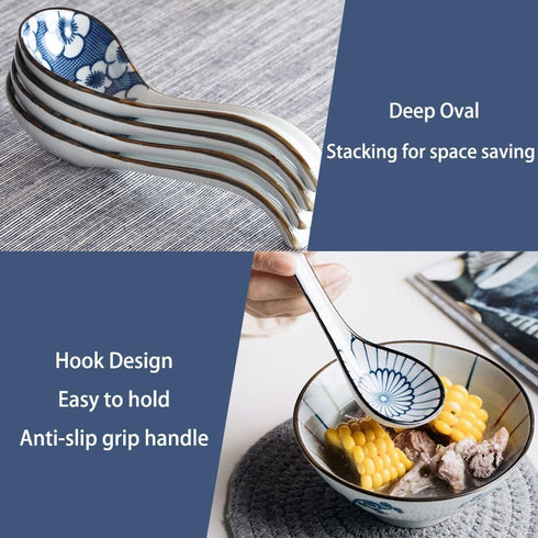 5pcs Asian Soup Spoon, Ceramic Chinese Soup Spoons, Deep Oval Hook Non-slip Japanese Spoons for Rice Ramen Pho Miso Soup Wonton Noodle, Luck and P...
