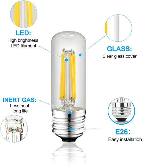 T10 Led Bulb 5000K 3.2 inches, e26 Led Bulb 60 watt Equivalent Dimmable, T25 Tubular Light Bulb, Edison Bulbs 6W e26 Medium Base Lightbulb UL List...