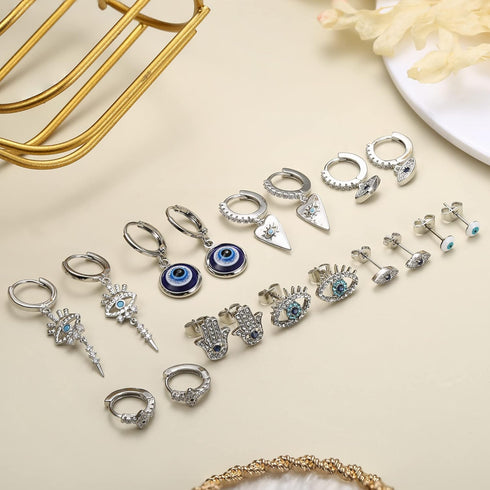 Sanfenly 9 Pairs Evil Eye Earrings for Women 14k Silver Gold Plated Evil Eye Huggie Hoop Dangle Earrings and Stud Earrings Set Dainty White Blue C...