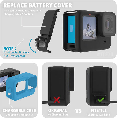 FitStill Blue Silicone Sleeve Case for Go Pro Hero 11 Hero 10 Hero 9 Black, Battery Side Cover&Screen Protectors&Lens Caps&Lanyard for Go Pro Hero...