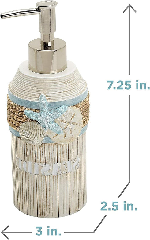 Zenna Home Seaside Serenity Bathroom Soap Dispenser with Carved Resin Design, Lotion Dispenser with Pump for Bathroom Decor with Hand-Painted Shel...