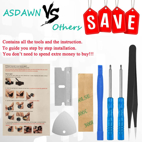 ASDAWN for 42mm Samsung Galaxy Watch Battery EB-BR810ABU Samsung Galaxy Gear S4 Battery Replacement, for SM-R810 SM-R815 with Repair Tool Set + In...