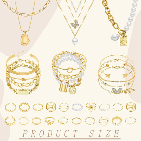 43 Pcs Gold Jewelry Set with 6 Pcs Necklace, 13 Pcs Bracelet, 20 Pcs Rings and 4 Pcs Hair Claw Clips Jewelry Set for Women Teens Gold Accessories ...