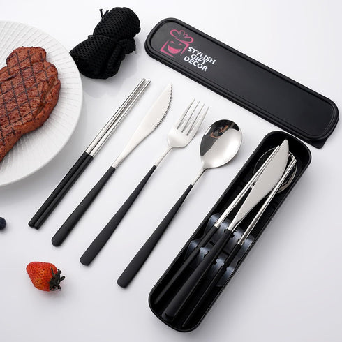 18/10 Portable Cutlery Spoon Fork Chopstick Gold Flatware Set with Case Travel Camping Outdoor Cutlery Set Stainless Steel-Black, Large...