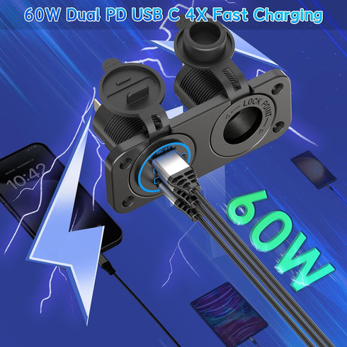 Cigarette Lighter Socket Qidoe 12V Splitter Panel 78W 12V USB Outlet Dual USB C PD&QC3.0 Car Charger Socket ON/Off Switch Waterproof 300W Power Ci...