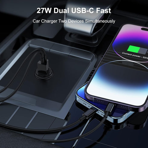 Car Charger, USB car charger fast charging Adapter with 2 Pack Cable 6ft,PD/QC 3.0 type c car charger, Black...