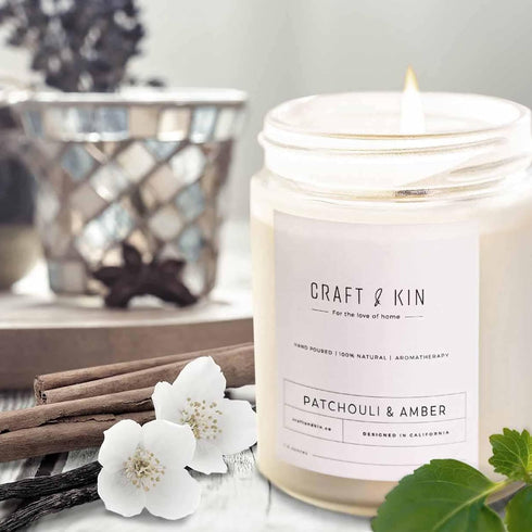 Craft & Kin Patchouli & Amber Scented Candle | 8 Oz 45 Hour Long Lasting | Classic Soy Spring Scented Candles Wood Wick | Made with Natural Soy | ...