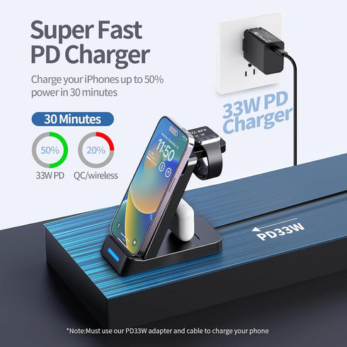 3 in 1 Charging Station for iPhone - 33W Fast Charging Station for Apple Devices, Charging Dock for iPhone 14/13/12/11, Apple Watch and AirPods (3...