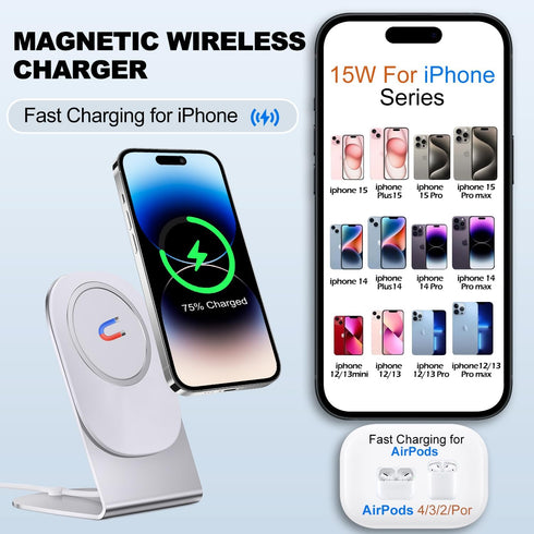 Magnetic Wireless Charger Mag-Safe Charger for iPhone 15/14/13/12 Series Convertible Magnet Wireless Charging Stand/Pad with Dual Charging Ports 5...