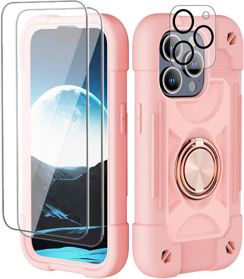 Compatible with iPhone 15 Pro Case 6.1" - Heavy-Duty Shockproof Military-Grade Rugged Cover with Ring Stand, Glass Screen Protector & Camera Lens ...