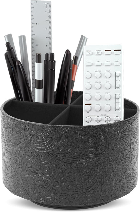 lizimandu Round Leather Art Supply Organizer,Remote Control Holder,360 Degree Spinning,Multi-Functional Pencil Holder,4 Compartments Desktop Stati...