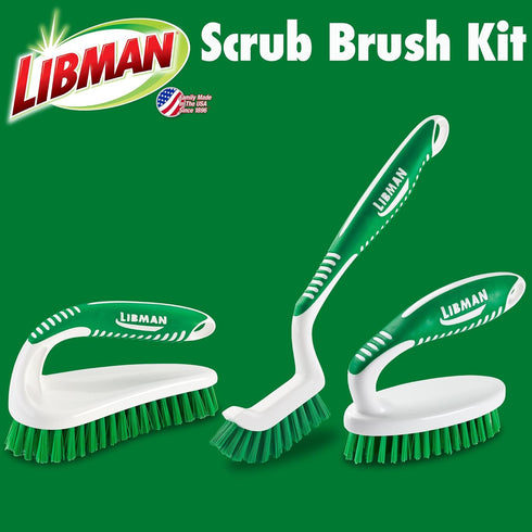 Libman Scrub Brush Kit – Three Different Durable Brushes for Grout, Tile, Bathroom, Kitchen. Easy to Handle, Strong Fibers for Tough Messes – Fami...