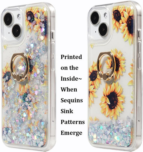 Glitter Case with Ring Holder Compatible with iPhone 15 Glitter Case Clear Ring Holder Kickstand Soft TPU Bling Girly Women Cute Liquid Holiday Ca...