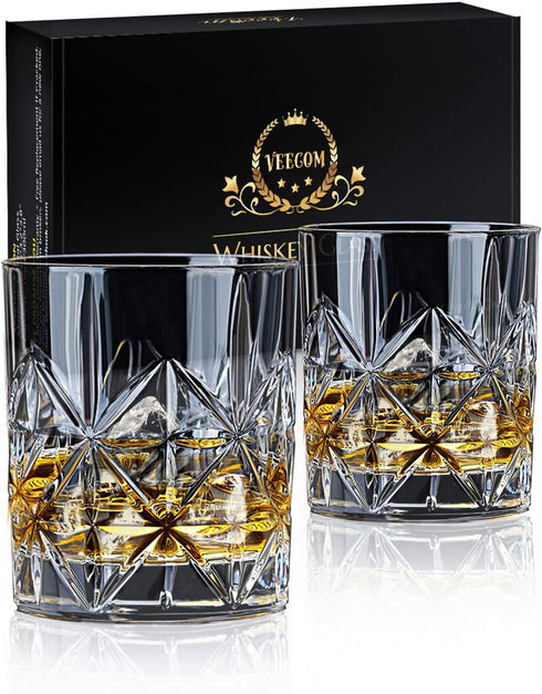 Whiskey Glass Set of 2, veecom 10 oz Crystal Whiskey Glasses Thick Bottom Bourbon Glasses Old Fashioned Rocks Glass Tumbler for Scotch, Cocktail, ...